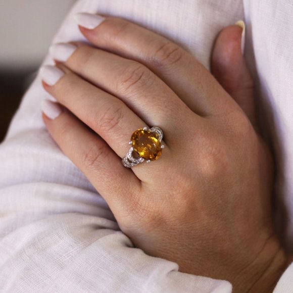 7.2 ctw Natural Yellow Citrine & Diamond Cocktail Ring 14K White Gold - Picture 7 of 7